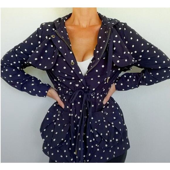 Anthropologie Daughters of Liberation Navy Blue Polka Dot Raincoat Size 2 - Picture 1 of 8